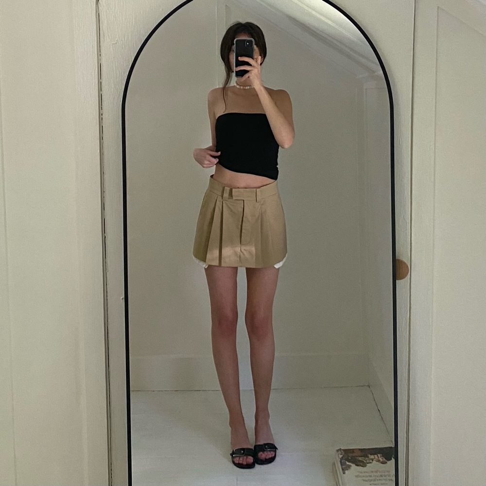 Miu Miu Embroidered Logo Pleated Chino Mini Skirt in Corda Size EU 34